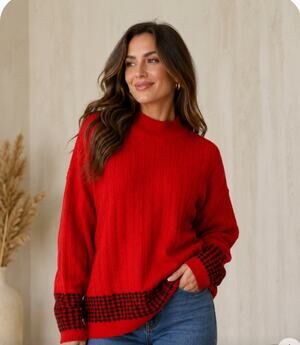 Jaguar Women's Red Mock Neck Ribbed Knit Sweater with Houndstooth Trim